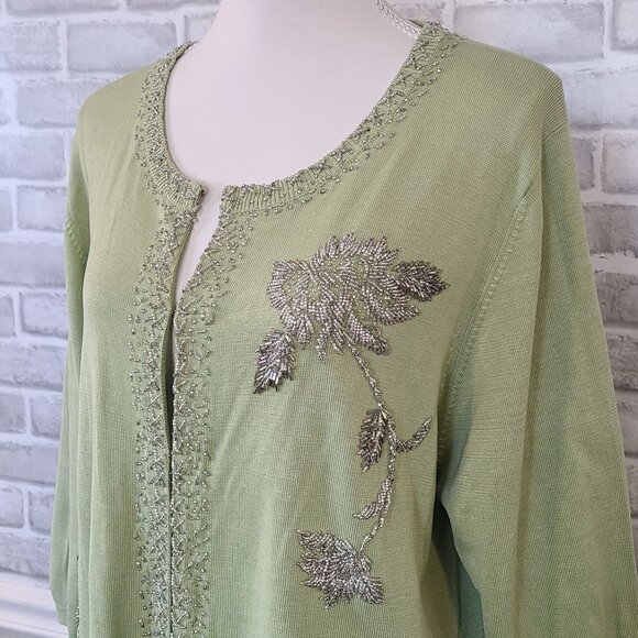 Vtg Karen Kane Silk Cotton Beaded Cardigan Sweater Green NEW Romantic Cottage 2X - Picture 2 of 7